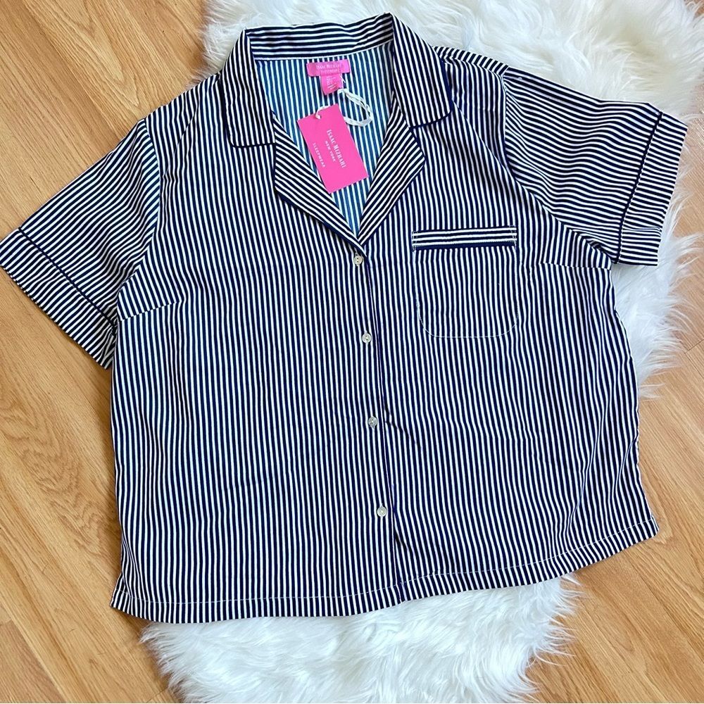 NWT Isaac Mizrahi Striped Top Navy Blue White Short Sleeve Large